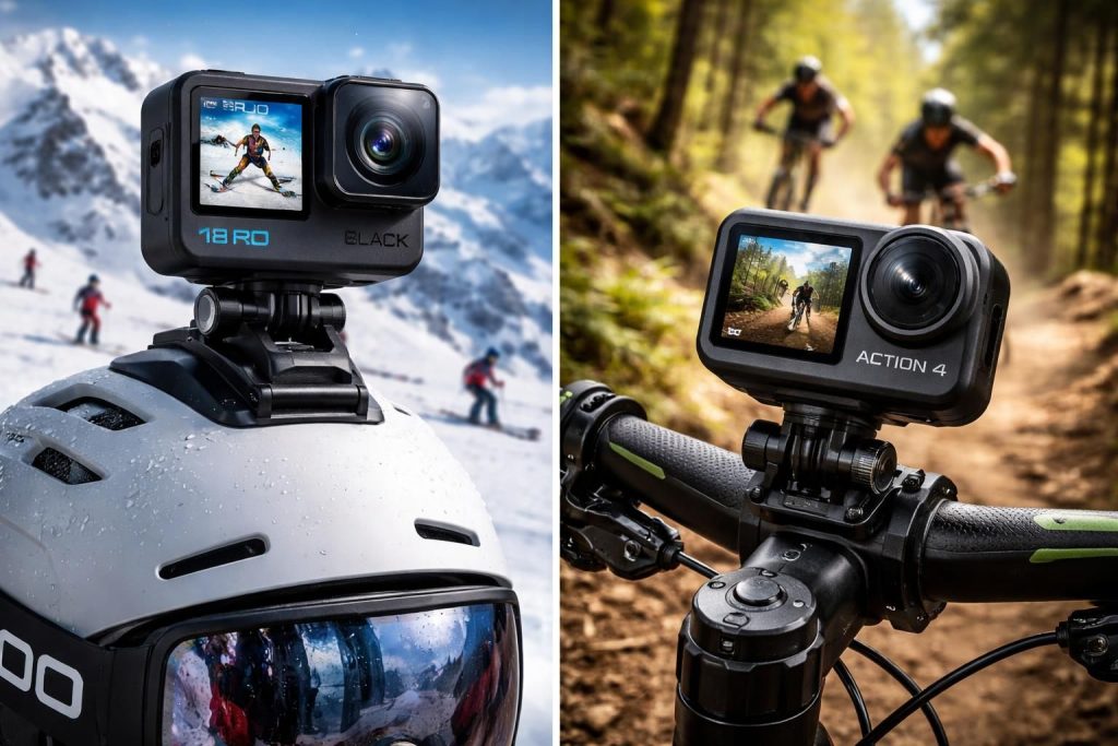 Caméras embarquées pour sports extrêmes avec GoPro Hero 12 et DJI Osmo Action 4 stabilisées pour ski et VTT